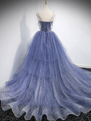 Homecoming Dress 2026, Blue v neck tulle sequin long prom dress, blue evening dress
