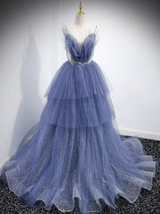 Homecoming Dresses Online, Blue v neck tulle sequin long prom dress, blue evening dress
