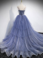 Party Dresses Classy, Blue V Neck Tulle Sequin Long Prom Dress, Blue Tulle Formal Dress
