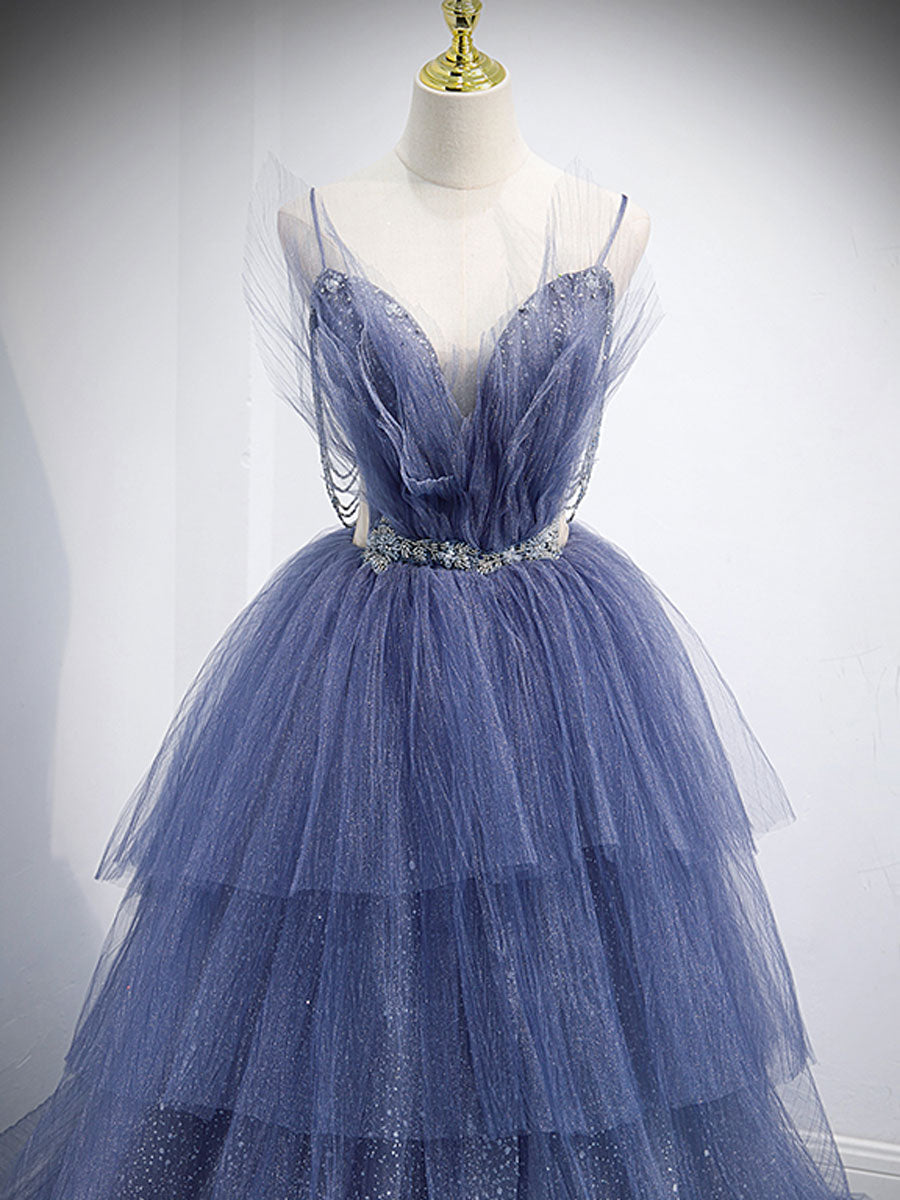 Party Dress Inspo, Blue V Neck Tulle Sequin Long Prom Dress, Blue Tulle Formal Dress