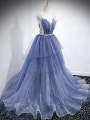 Party Dresses For 22 Year Olds, Blue V Neck Tulle Sequin Long Prom Dress, Blue Tulle Formal Dress