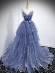 Party Dressed Short, Blue V Neck Tulle Sequin Long Prom Dress, Blue Tulle Formal Dress
