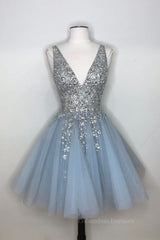 Glamorous Dress, Blue v neck tulle sequin short prom dress, blue homecoming dress
