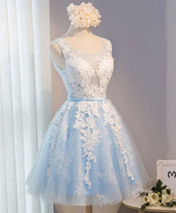 Formal Dresses Simple, Blue V Neck Tulle Short Prom Dress, Blue Homecoming Dresses