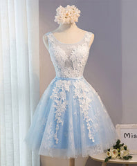 Formal Dresses Prom, Blue V Neck Tulle Short Prom Dress, Blue Homecoming Dresses