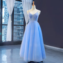Bridesmaid Dresses Color Palettes, Blue V-neckline Tulle Beaded Long Straps Beaded Dress, Blue Fashionable Formal Dress Prom Dress