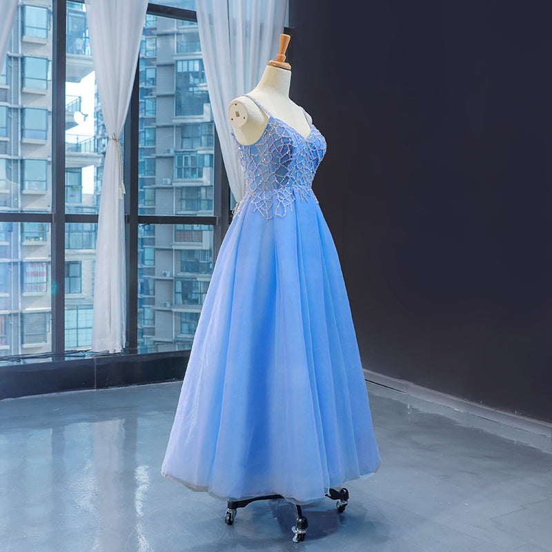 Bridesmaid Dress Color Palette, Blue V-neckline Tulle Beaded Long Straps Beaded Dress, Blue Fashionable Formal Dress Prom Dress