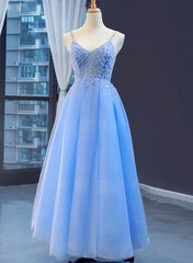 Bridesmaid Dresses Color Palette, Blue V-neckline Tulle Beaded Long Straps Beaded Dress, Blue Fashionable Formal Dress Prom Dress