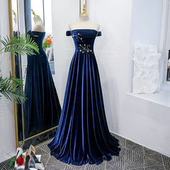 Prom Dresses Long Beautiful, Blue Velvet Beaded Elegant Off Shoulder Evening Dress, Blue Long Prom Dress Party Dress
