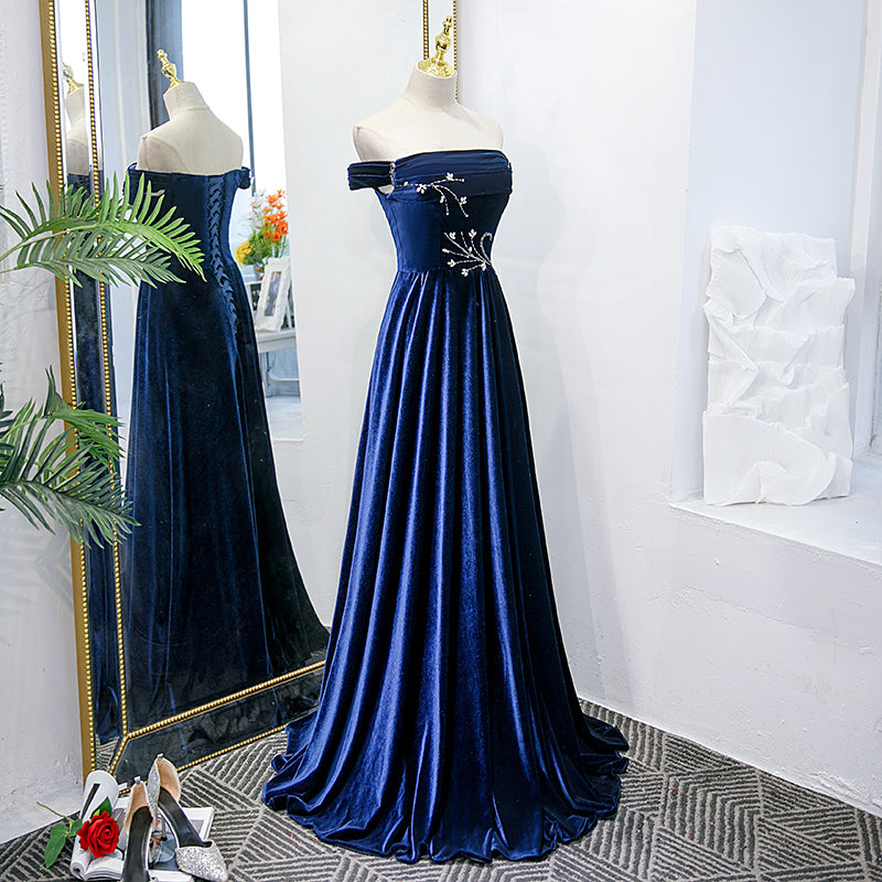 Prom Dress Long Beautiful, Blue Velvet Beaded Elegant Off Shoulder Evening Dress, Blue Long Prom Dress Party Dress