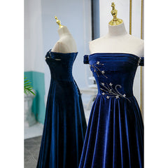 Prom Dress Sweetheart, Blue Velvet Beaded Elegant Off Shoulder Evening Dress, Blue Long Prom Dress Party Dress