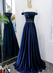 Prom Dress Lace, Blue Velvet Beaded Elegant Off Shoulder Evening Dress, Blue Long Prom Dress Party Dress
