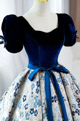 Party Dress Hair Style, Blue Velvet Floral Long Ball Gown, A-Line Short Sleeve Formal Evening Dress