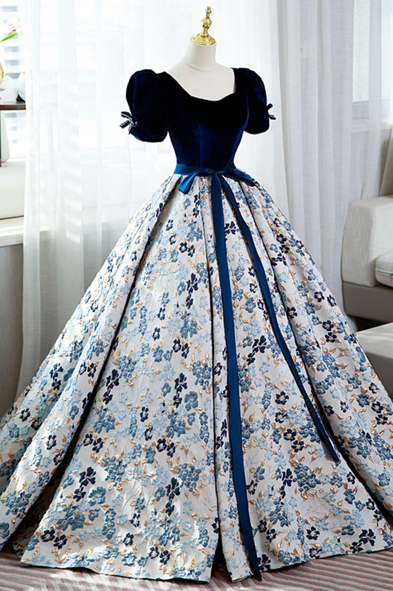 Party Dress Dress Up, Blue Velvet Floral Long Ball Gown, A-Line Short Sleeve Formal Evening Dress