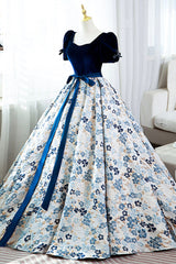 Party Dresses Store, Blue Velvet Floral Long Ball Gown, A-Line Short Sleeve Formal Evening Dress