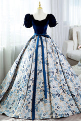 Party Dresses Styles, Blue Velvet Floral Long Ball Gown, A-Line Short Sleeve Formal Evening Dress