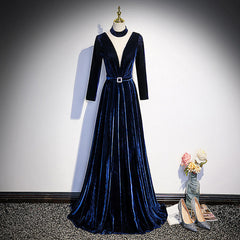 Wedding Dress Strapless, Blue Velvet Long Sleeves Floor Length Wedding Party Dress, Blue Formal Gown