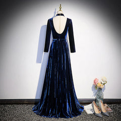 Wedding Dress Idea, Blue Velvet Long Sleeves Floor Length Wedding Party Dress, Blue Formal Gown