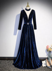 Wedding Dresses For, Blue Velvet Long Sleeves Floor Length Wedding Party Dress, Blue Formal Gown
