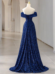 Boho Dress, Blue Velvet Sequin Long Prom Dress, Blue Formal Dress