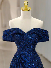 Formal, Blue Velvet Sequin Long Prom Dress, Blue Formal Dress