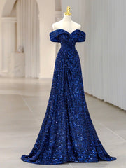 Semi Formal Outfit, Blue Velvet Sequin Long Prom Dress, Blue Formal Dress