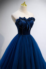Evening Dresses Lace, Blue Velvet Tulle Long A-Line Prom Dress, Blue Strapless Formal Evening Dress