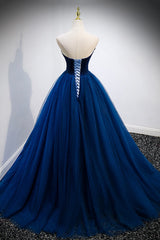 Evening Dresses Ball Gown, Blue Velvet Tulle Long A-Line Prom Dress, Blue Strapless Formal Evening Dress