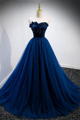 Evening Dresses 2024, Blue Velvet Tulle Long A-Line Prom Dress, Blue Strapless Formal Evening Dress