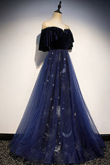 Long Sleeve Prom Dress, Blue Velvet Tulle Long Prom Dress, A-Line Blue Evening Party Dress