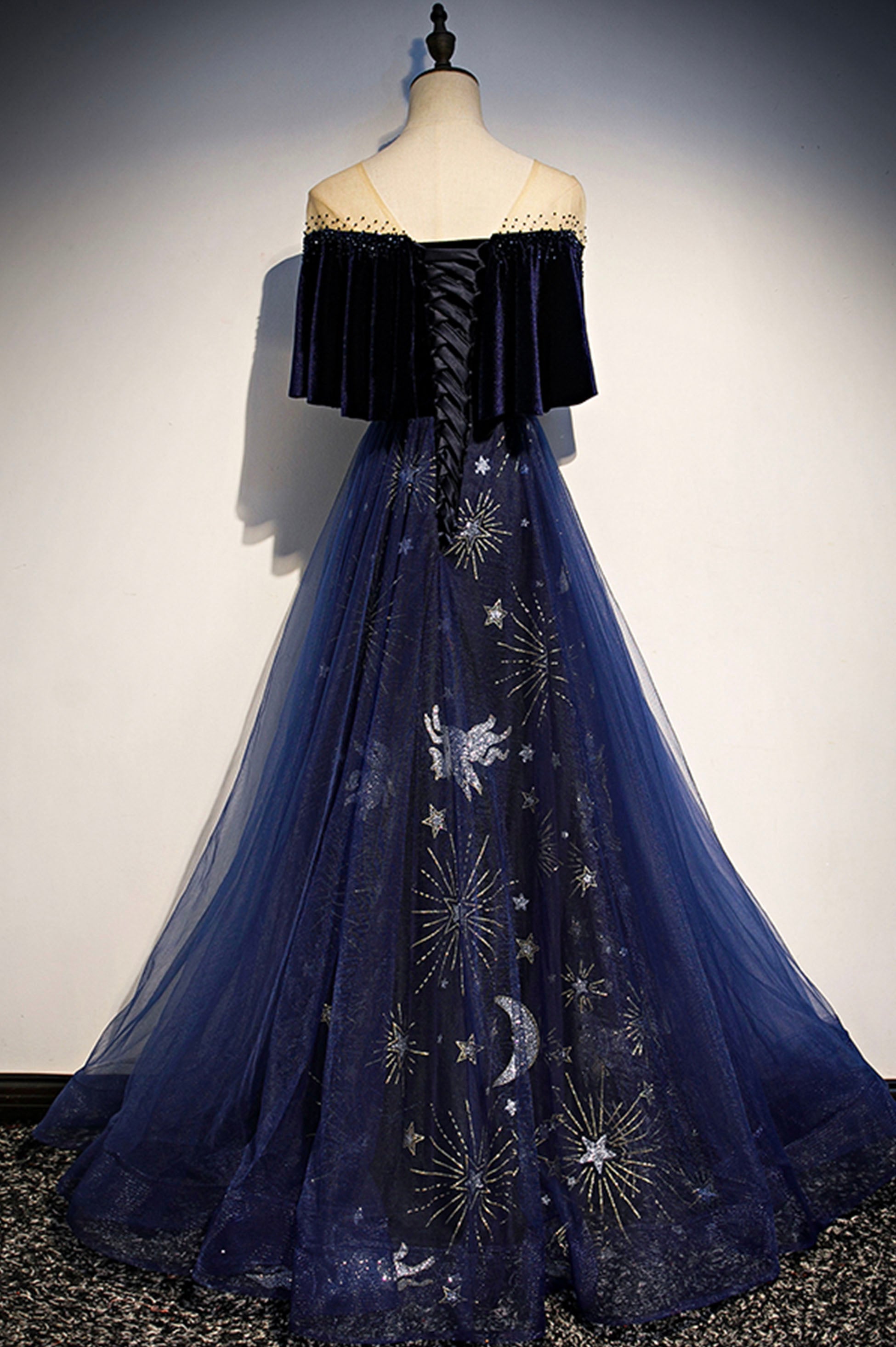 Slip Dress Outfit, Blue Velvet Tulle Long Prom Dress, A-Line Blue Evening Party Dress