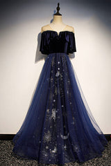 Black Formal Dress, Blue Velvet Tulle Long Prom Dress, A-Line Blue Evening Party Dress