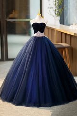 Prom Dress Sleeves, Blue Velvet Tulle Long Prom Dresses, Blue Evening Party Dresses