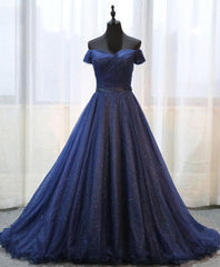 Party Dresses Short Clubwear, Dark Blue Shining Tulle Long Prom Dress, Evening Dress