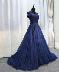 Party Dress Short Clubwear, Dark Blue Shining Tulle Long Prom Dress, Evening Dress