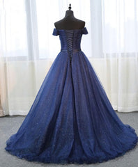 Party Dresses Miami, Dark Blue Shining Tulle Long Prom Dress, Evening Dress