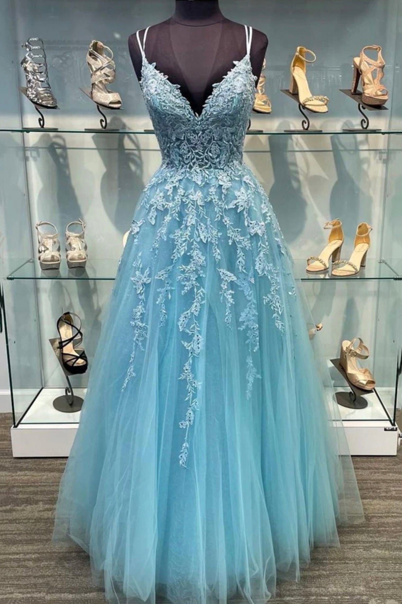 Cute Summer Dress, Blue V-Neck Tulle Long Prom Dresses, A-Line Evening Dresses with Lace