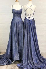 Homecoming Dresses Vintage, Blue A-Line Backless Long Prom Dresses, Blue Evening Dresses