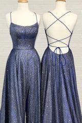 Homecoming Dress Vintage, Blue A-Line Backless Long Prom Dresses, Blue Evening Dresses