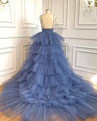 Formal Dresses Over 51, Blue V Neck Tiered Sleeveless Tulle Prom Dress, Gorgeous Long Party Dress