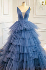 Formal Dresses Midi, Blue V Neck Tiered Sleeveless Tulle Prom Dress, Gorgeous Long Party Dress
