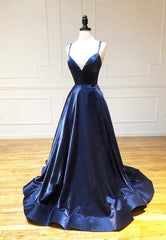 Prom Dress Black, Simple Satin Long Prom Dresses, A Line Blue Evening Dresses
