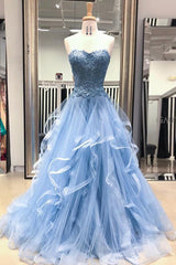 Party Dress In Store, Gorgeous A Line Sweetheart Appliques Lace Prom Dresses with Ruffles