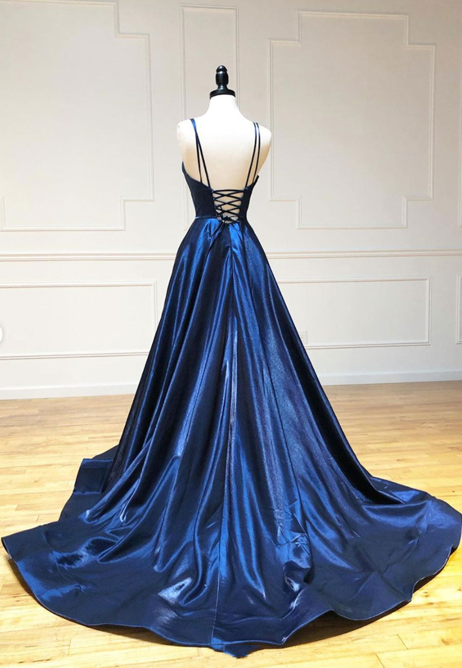 Open Back Prom Dress, Simple Satin Long Prom Dresses, A Line Blue Evening Dresses