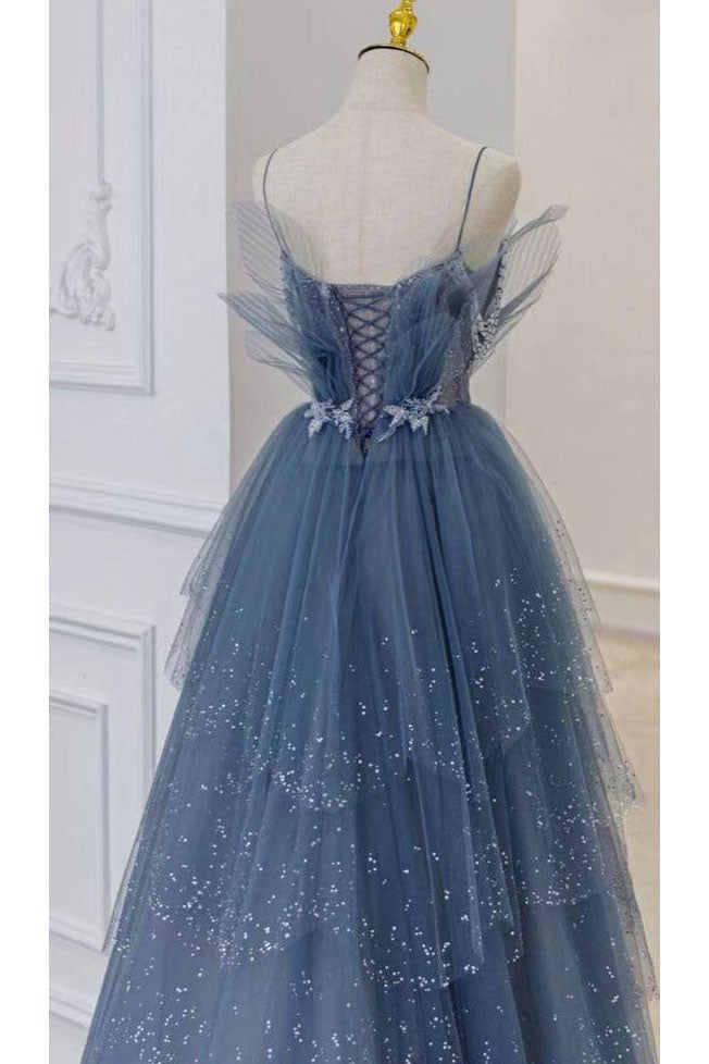 Prom Dress Gown, Gorgeous Blue Sparkly Tulle Beaded Prom Dress, Tiered Formal Gown with Rhinestone