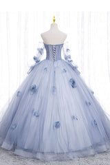 Prom Dress Design, Blue Long Sleeves Tulle Prom Dress with Flowers, Puffy Off the Shoulder Quinceanera Dress