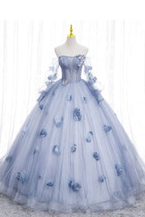 Prom Dresses Designers, Blue Long Sleeves Tulle Prom Dress with Flowers, Puffy Off the Shoulder Quinceanera Dress