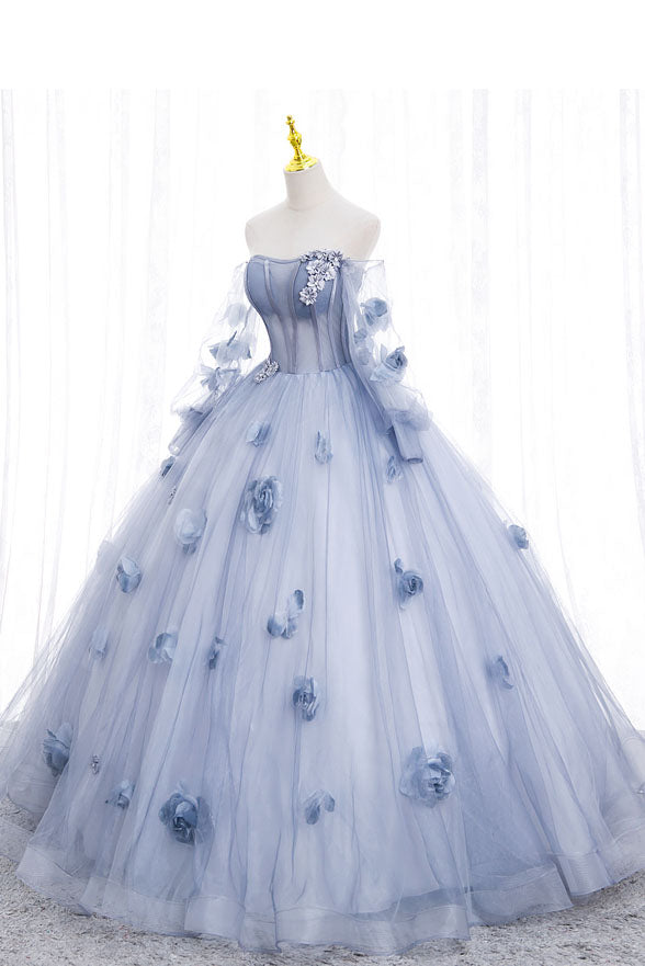 Prom Dress Designers, Blue Long Sleeves Tulle Prom Dress with Flowers, Puffy Off the Shoulder Quinceanera Dress
