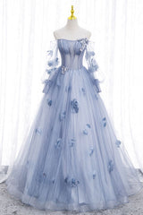 Prom Dresses Designer, Blue Long Sleeves Tulle Prom Dress with Flowers, Puffy Off the Shoulder Quinceanera Dress