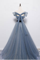 Formal Dress For Wedding Guests, Blue Off the Shoulder Tulle Long Prom Dress with Sash, Sparkly Formal Gown